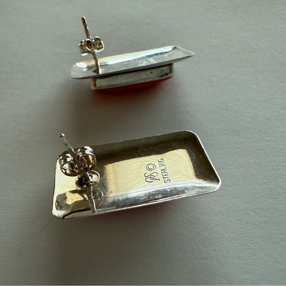 Vintage Sterling Silver Pink Coral Rectangular Stud Earrings – PS Hallmark - Picture 6 of 8